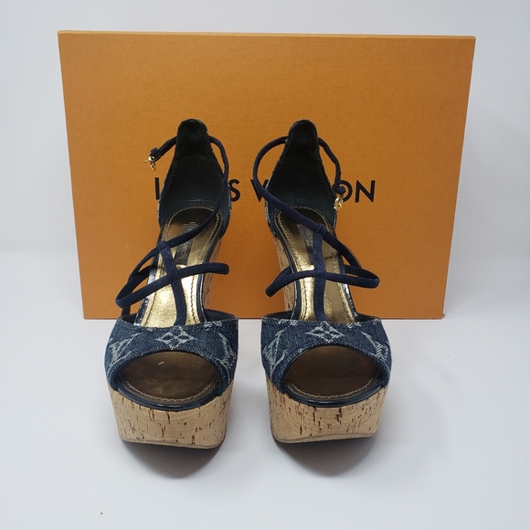 LOUIS VUITTON Monogram Denim Wedge Sandals, Size 35.5 - Picture 3 of 9
